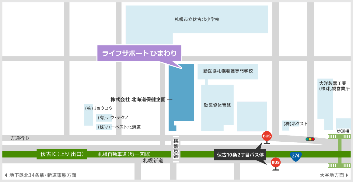 ライフサポートひまわりまでの道のりです。バス「伏古10条2丁目」下車、北海道保健企画の右を曲がりまっすぐいくとライフサポートひまわりがあります